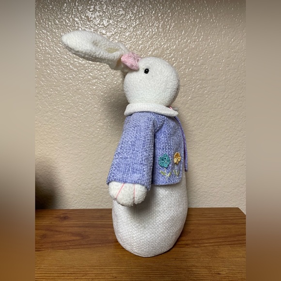White Rabbit Bunny Purple Sweater Flowers Spring Easter Bunny Decor Plush - Picture 2 of 5